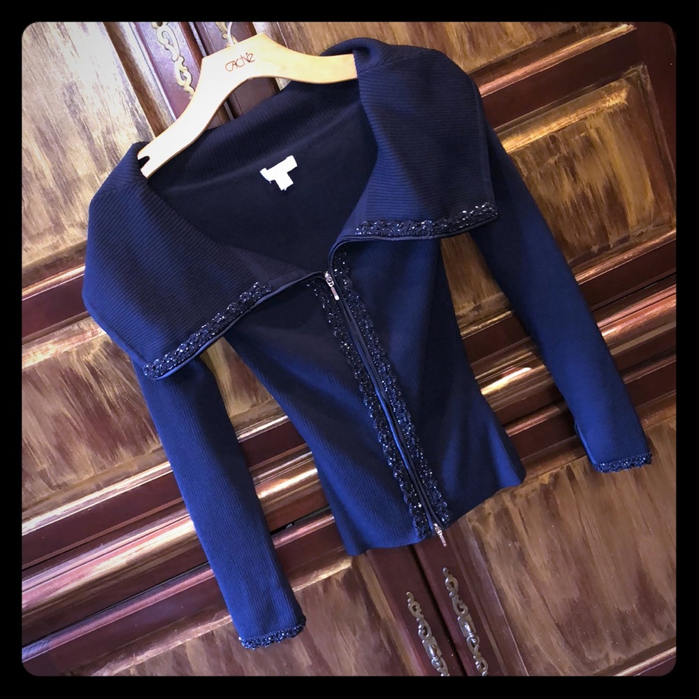 Cache navy stretch bead embellished sweater